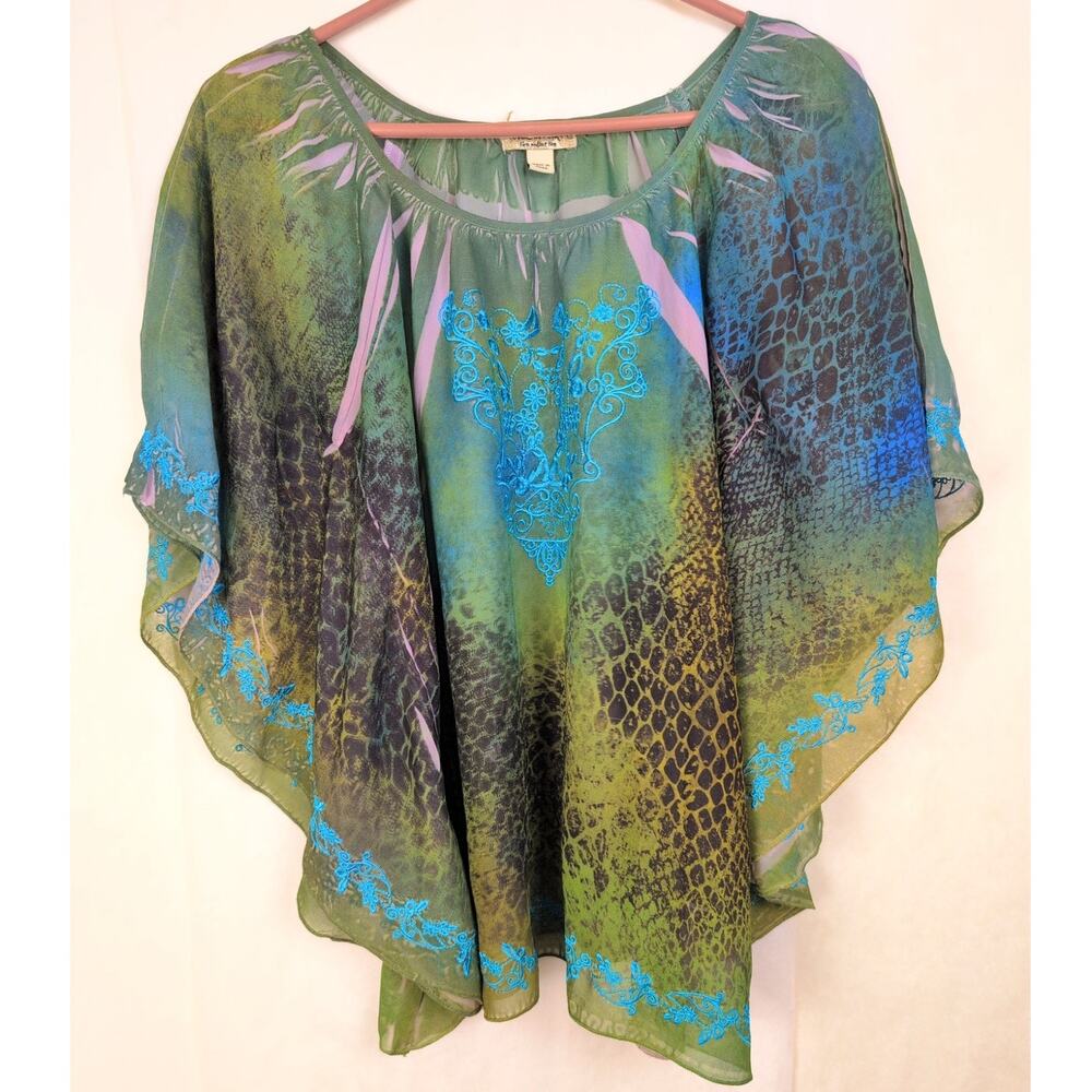 One World green embroidered kaftan top size Sm Snakeskin Boho Hippie Retro